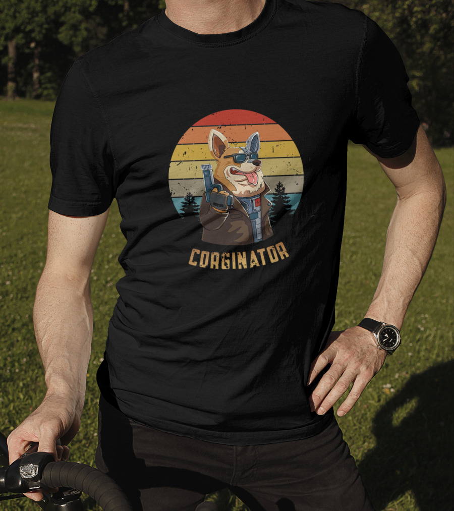 Corginator Dog With Sunglasses And Cybernetic Arm Retro Sunset T-Shirt