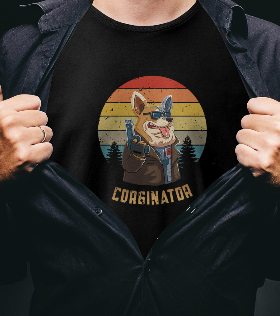 Corginator Dog With Sunglasses And Cybernetic Arm Retro Sunset T-Shirt