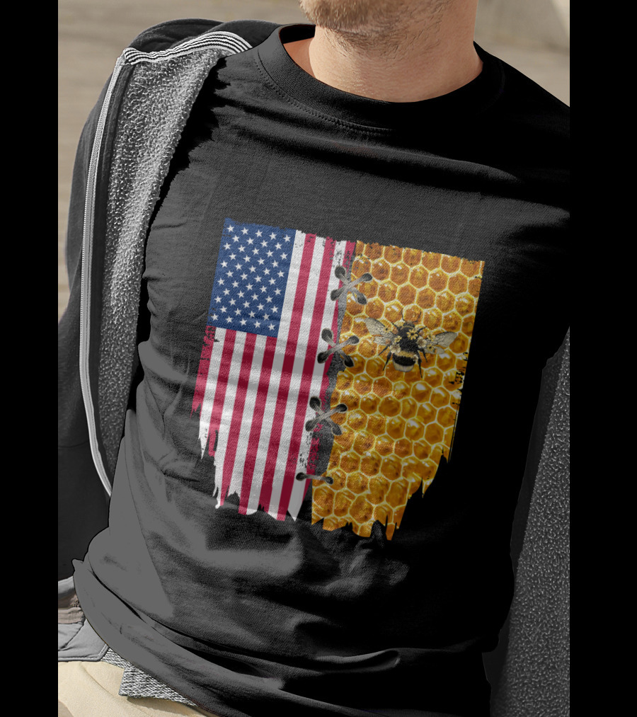 Bee And American Flag Honeycomb Fusion T-Shirt