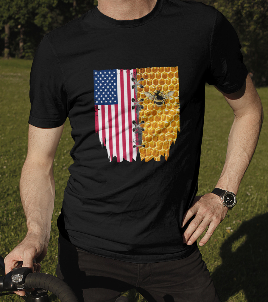 Bee And American Flag Honeycomb Fusion T-Shirt
