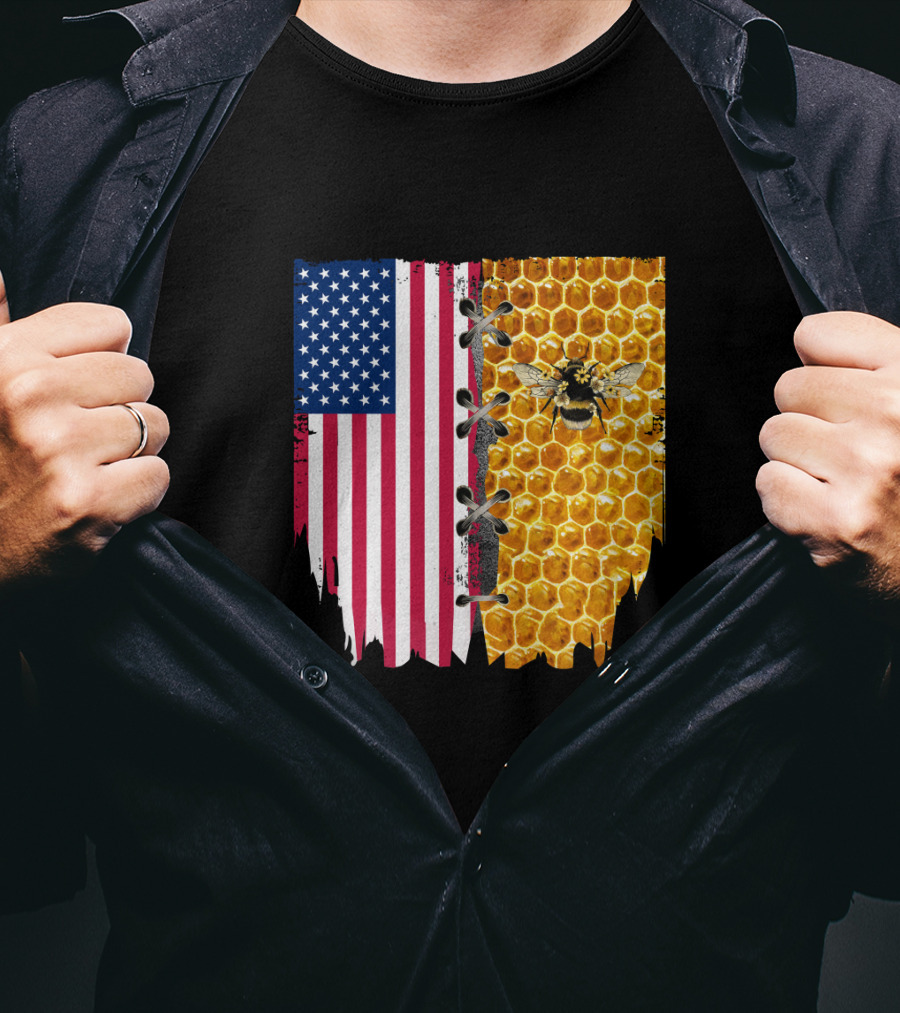 Bee And American Flag Honeycomb Fusion T-Shirt