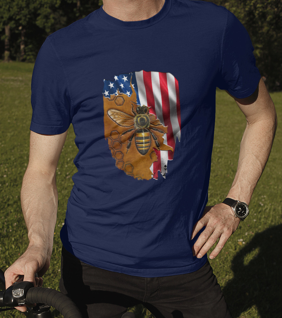 Beautifull Bee American Flag Honeycomb T-Shirt