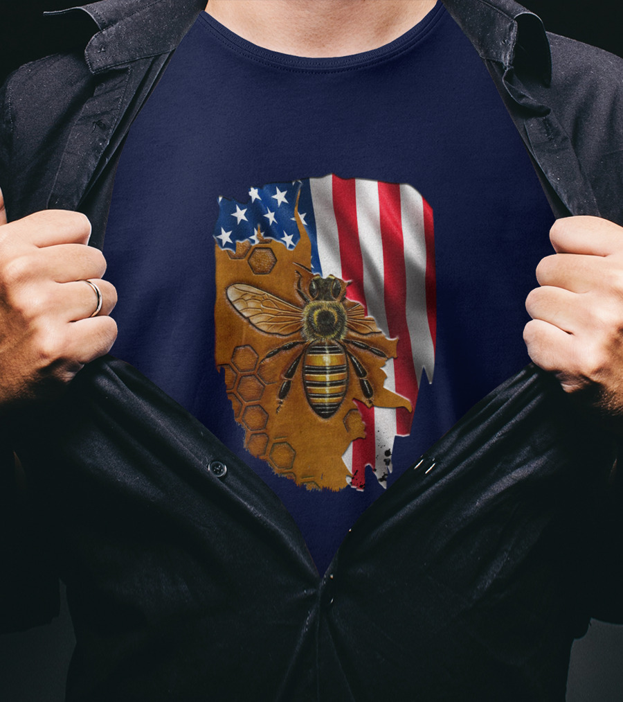 Beautifull Bee American Flag Honeycomb T-Shirt