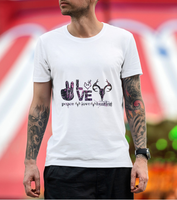 Premium T-Shirt: Peace Love Hunting Antler Symbolism Wildlife Passion T-Shirt Peace Love Hunting Antler Symbolism Wildlife Passion T-Shirt