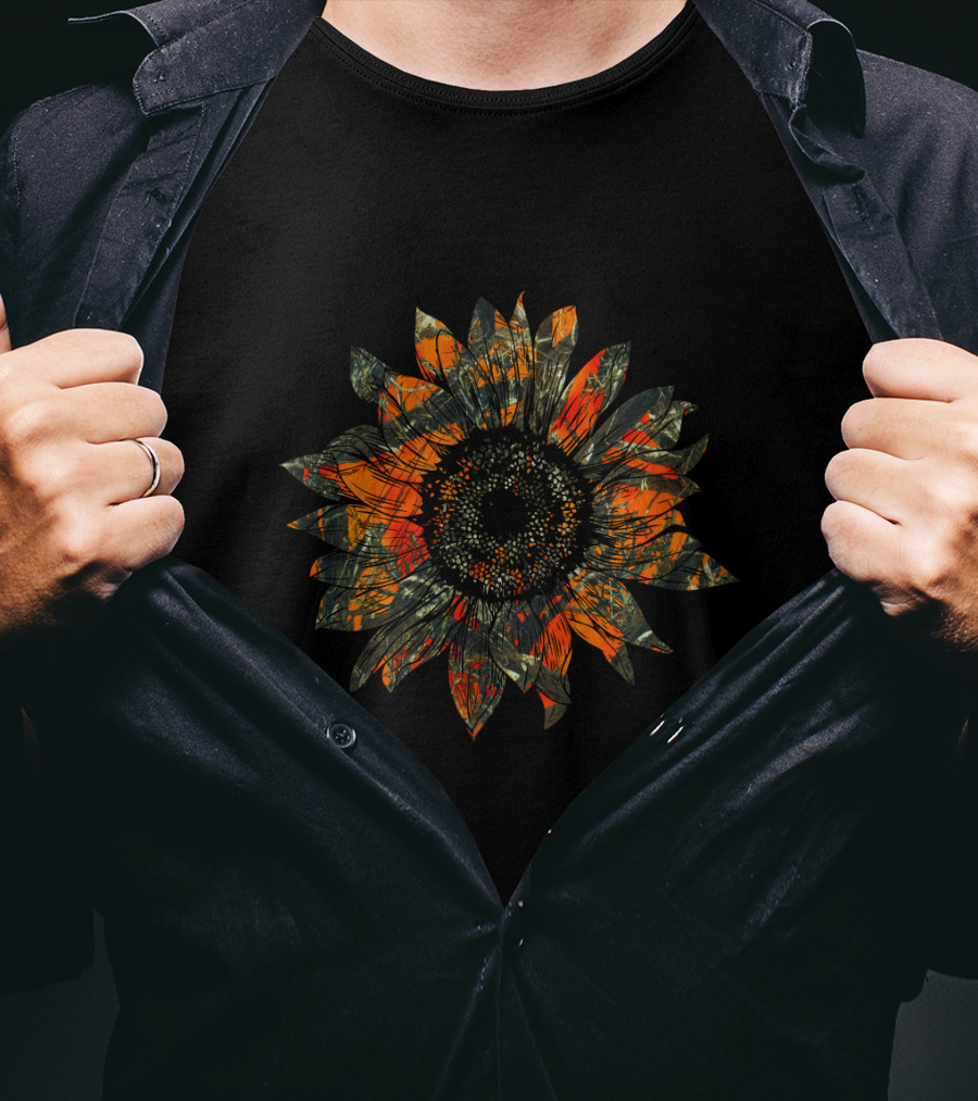 Orange Camo Sunflower Pattern Blossom T-Shirt