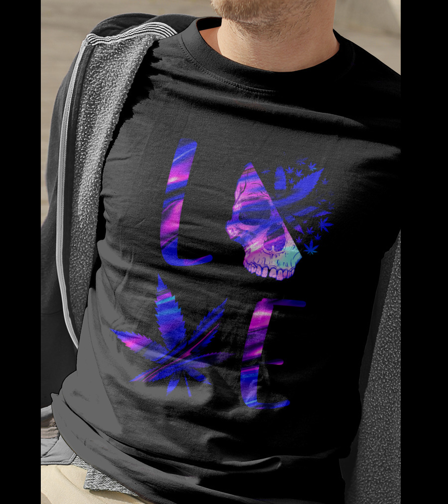 LOVE Weed Skull And Marijuana Leaf T-Shirt