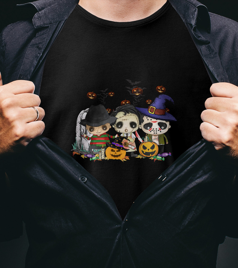 Halloween Horror Icons Trio With Jack-O'-Lanterns And Candy T-Shirt