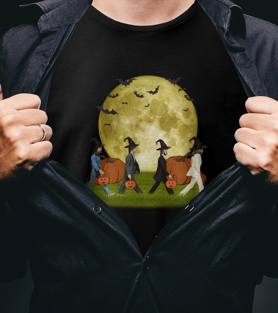 Abbey Road Halloween Crossing With Pumpkins And Witches Under Full Moon T-Shirt