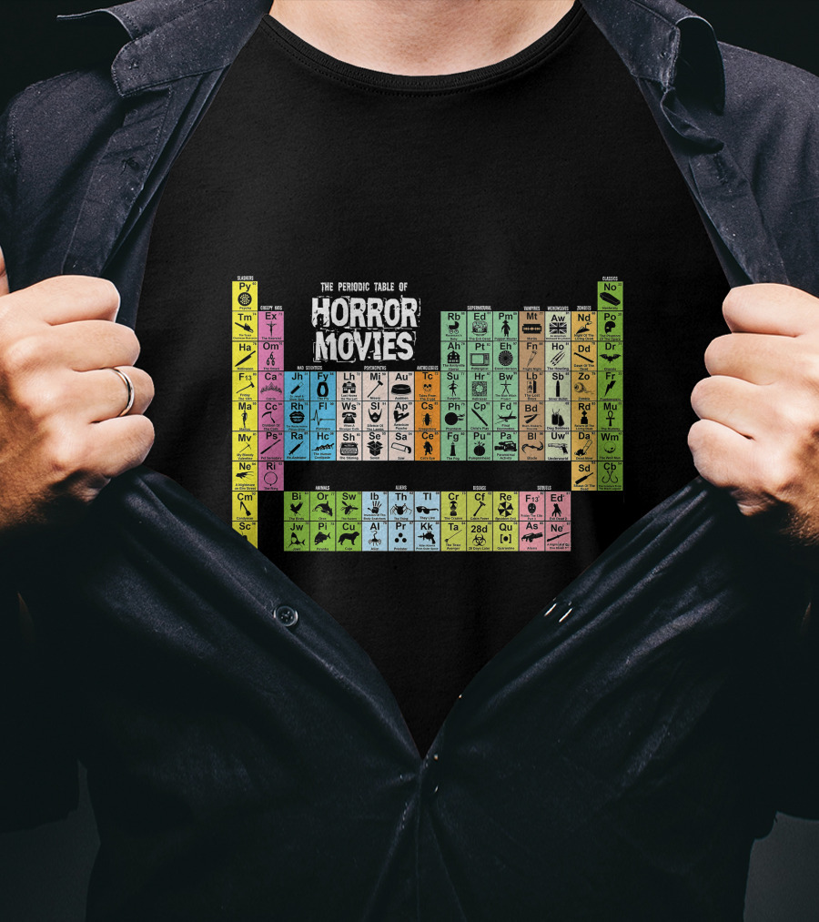 The Periodic Table Of Horror Movies Featuring Iconic Horror Movie Elements T-Shirt