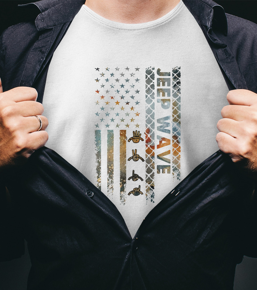 Jeep Wave American Flag Grunge Style With Hand Symbols T-Shirt