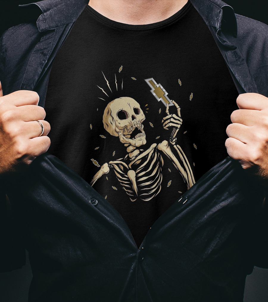 Skull Holding Chevy Emblem With Lightning Motif T-Shirt