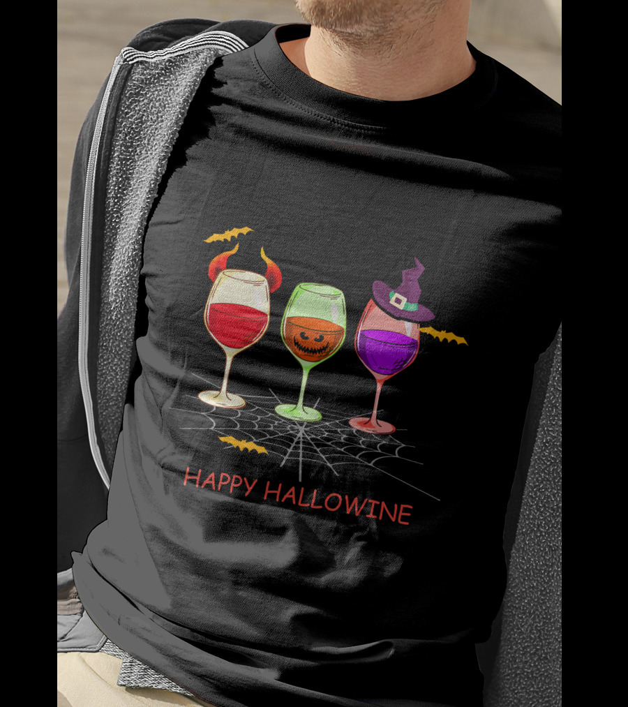 Happy Hallowine Wine Glasses Halloween Witch Hat Jack O'Lantern T-Shirt