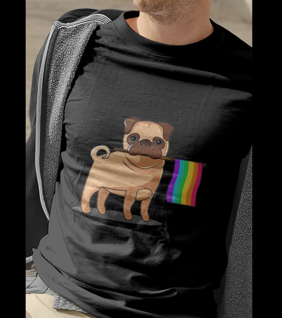 Pug Holding Rainbow Pride Flag T-Shirt
