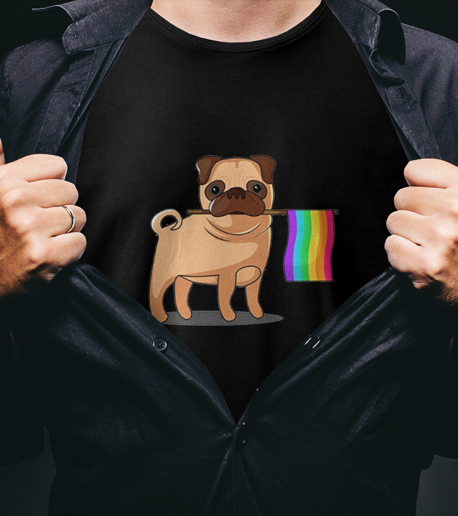 Pug Holding Rainbow Pride Flag T-Shirt