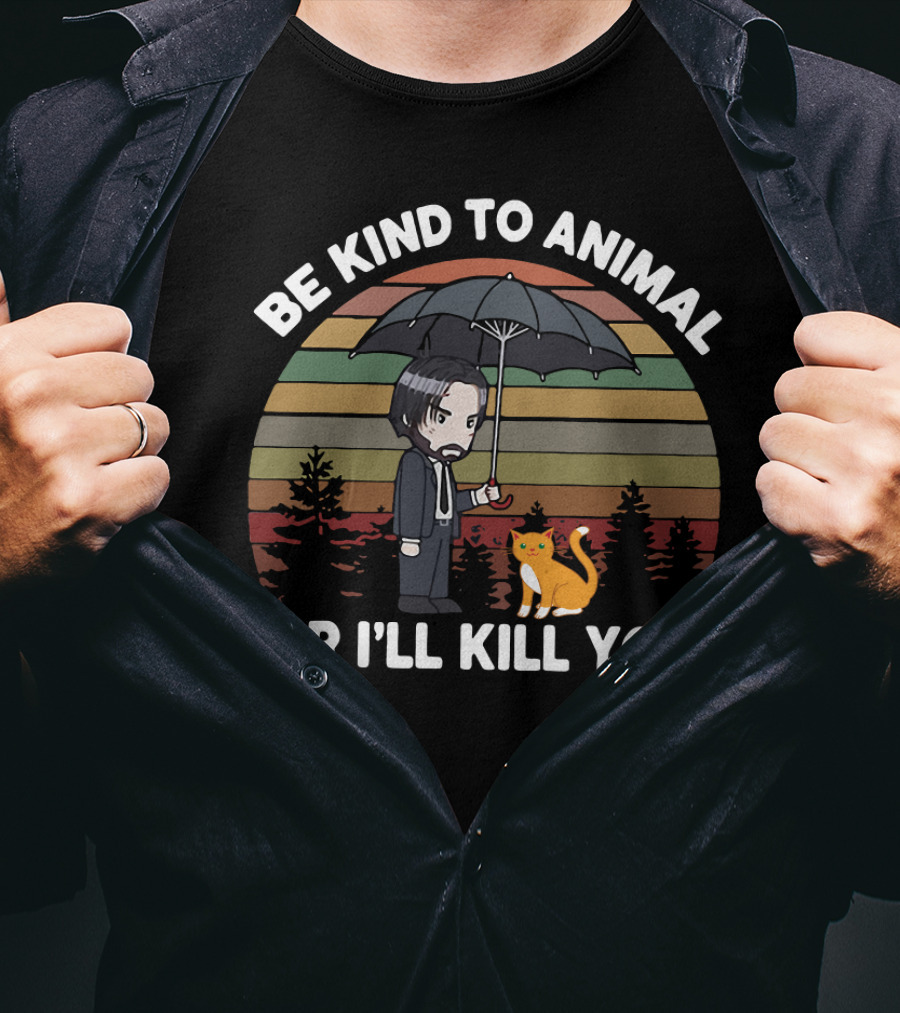 Be Kind To Animal Or I'll Kill You John Wick Parody Cat And Umbrella Chibi T-Shirt