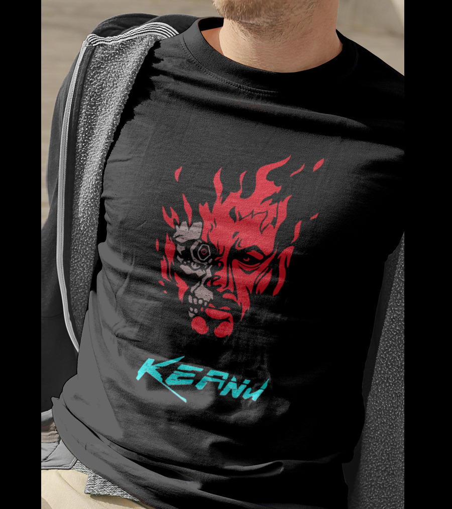 Keanu Cyberpunk Flame Skull Face T-Shirt