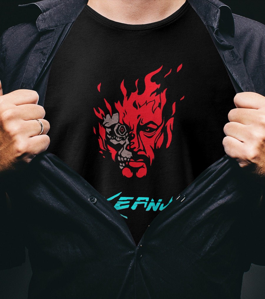 Keanu Cyberpunk Flame Skull Face T-Shirt