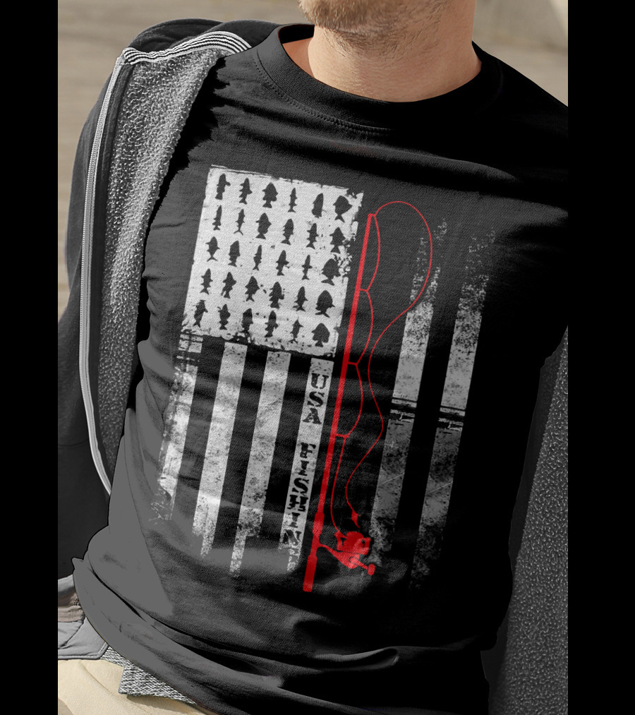 USA Fishing Flag Red Fishing Rod T-Shirt