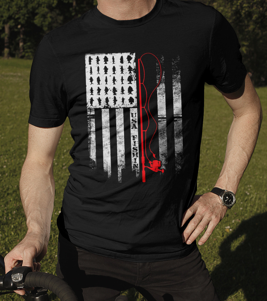 USA Fishing Flag Red Fishing Rod T-Shirt
