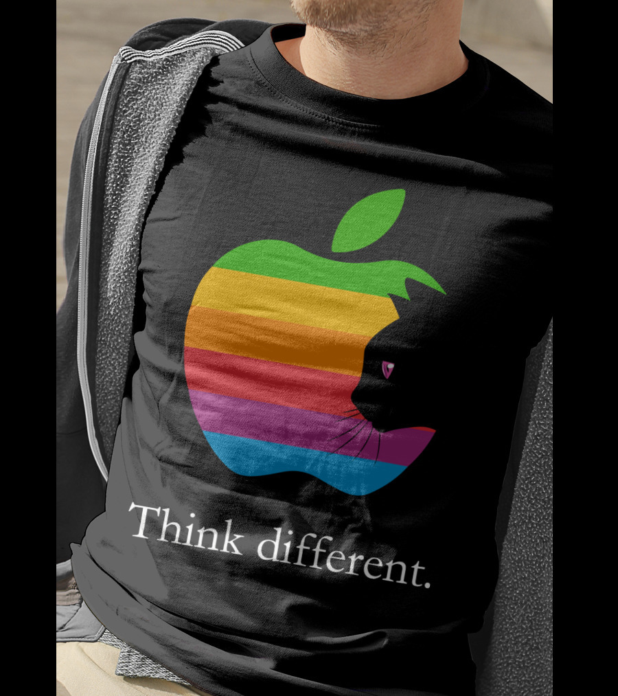 Think Different Apple Logo Rainbow Cat Face T-Shirt