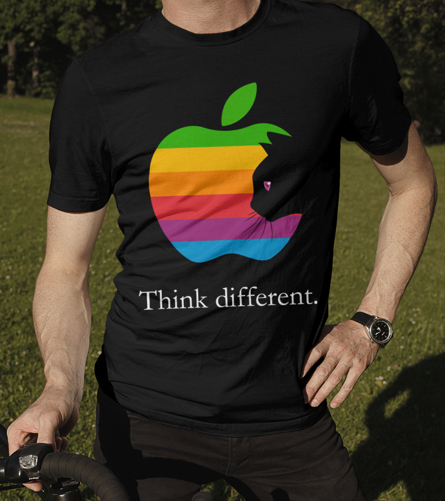 Think Different Apple Logo Rainbow Cat Face T-Shirt