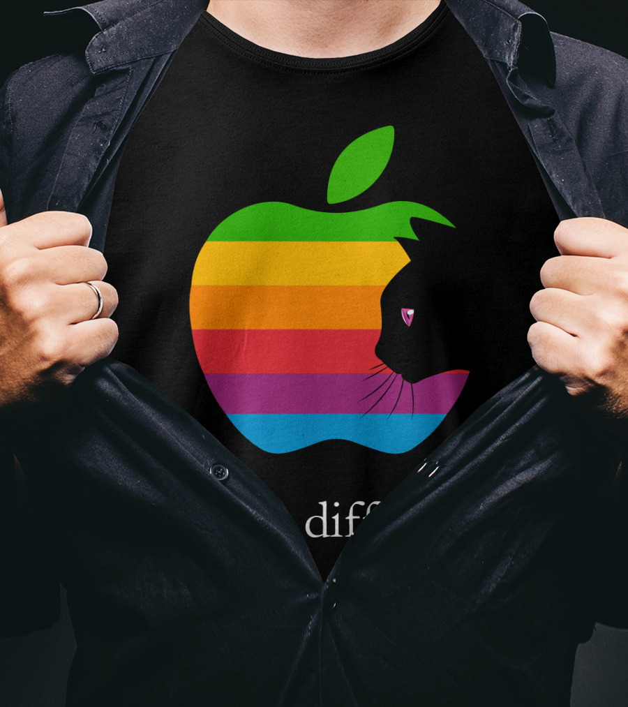 Think Different Apple Logo Rainbow Cat Face T-Shirt
