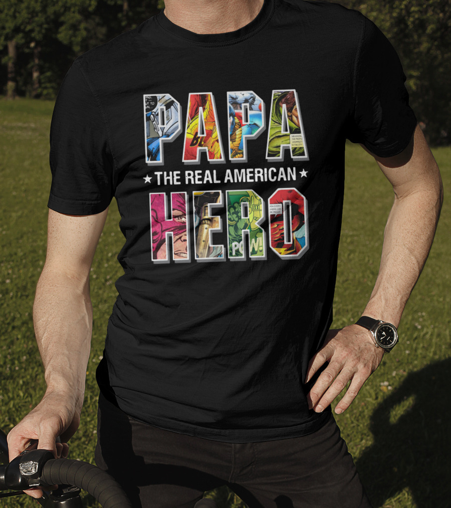 Papa The Real American Hero Comic-Style Letters T-Shirt