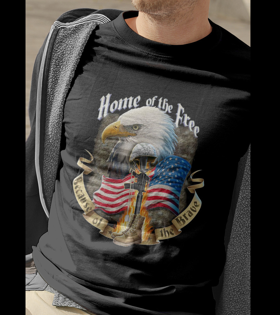 Home Of The Free Because Of The Brave American Eagle Soldier Helmet Flag T-Shirt