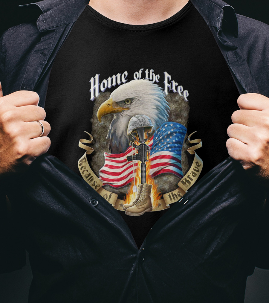Home Of The Free Because Of The Brave American Eagle Soldier Helmet Flag T-Shirt