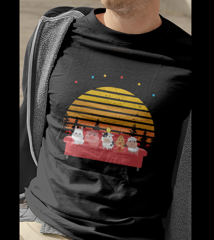Friends Not Food Animal Characters On Red Couch With Sunset Background T-Shirt