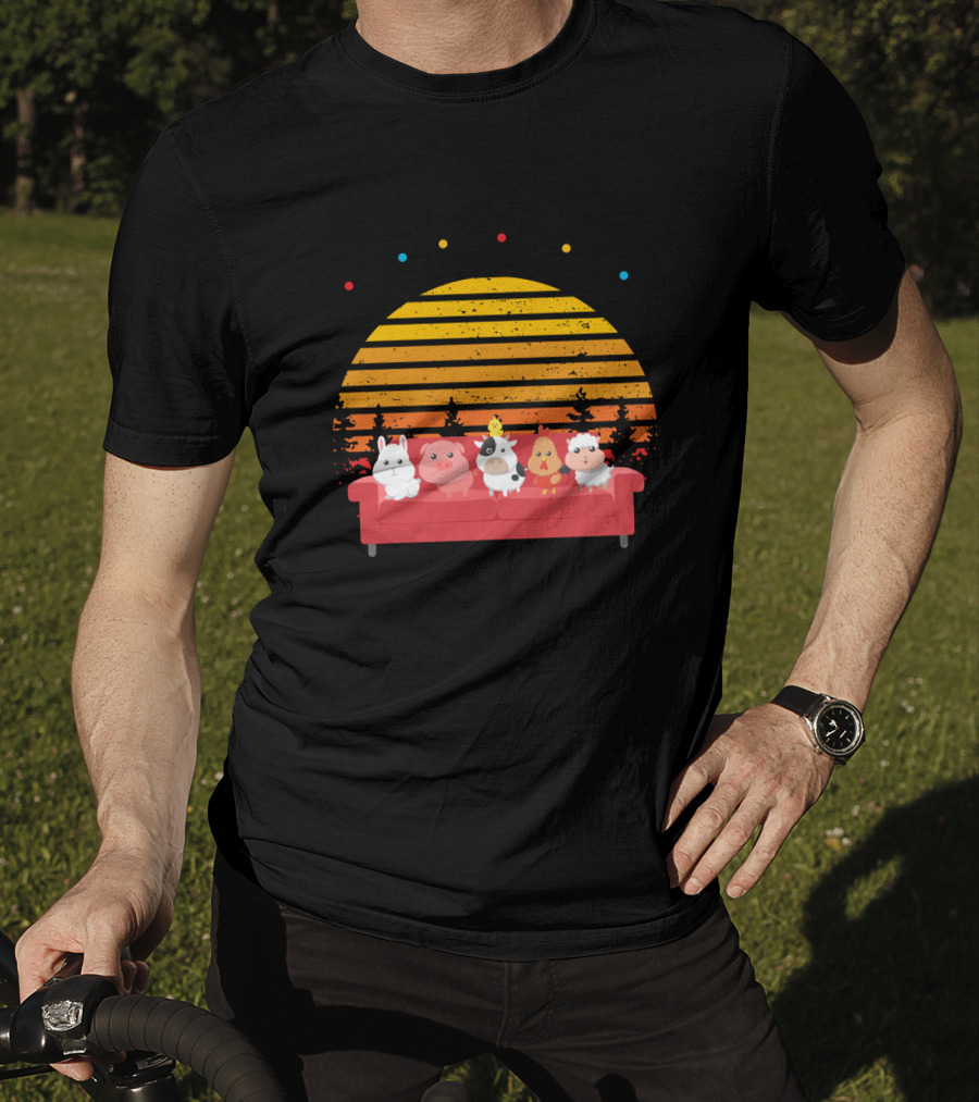 Friends Not Food Animal Characters On Red Couch With Sunset Background T-Shirt