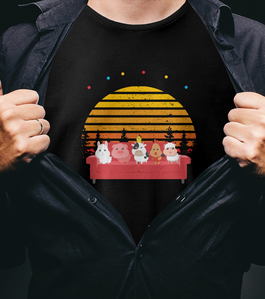 Friends Not Food Animal Characters On Red Couch With Sunset Background T-Shirt