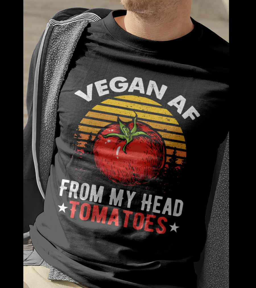 VEGAN AF FROM MY HEAD TOMATOES Retro Sunset Tomato Veggie Joke T-Shirt