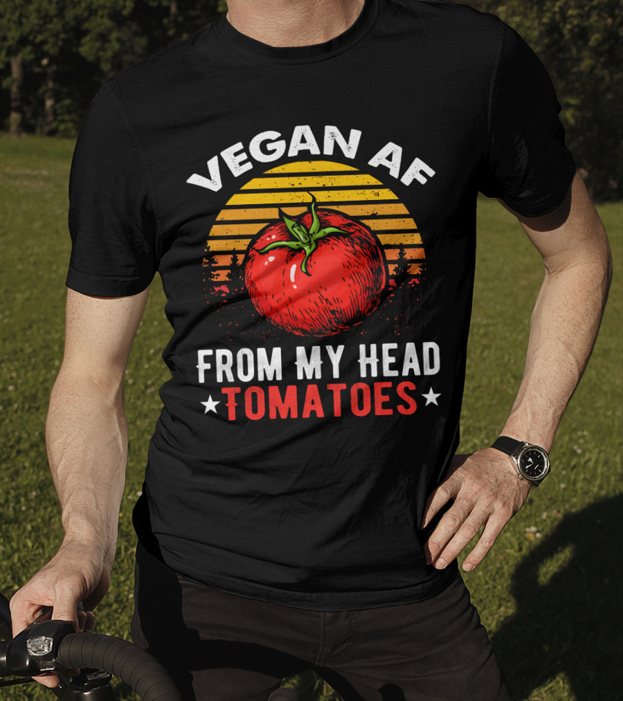VEGAN AF FROM MY HEAD TOMATOES Retro Sunset Tomato Veggie Joke T-Shirt