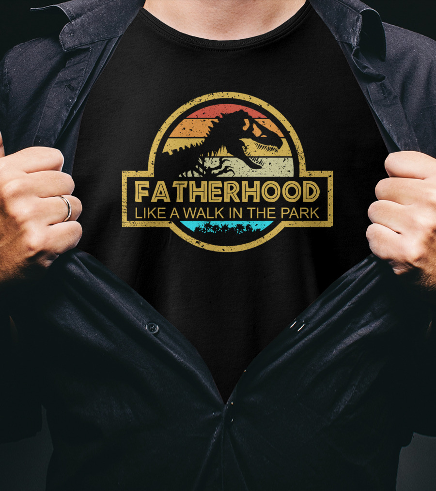 Fatherhood Like A Walk In The Park Dinosaur Retro Emblem T-Shirt