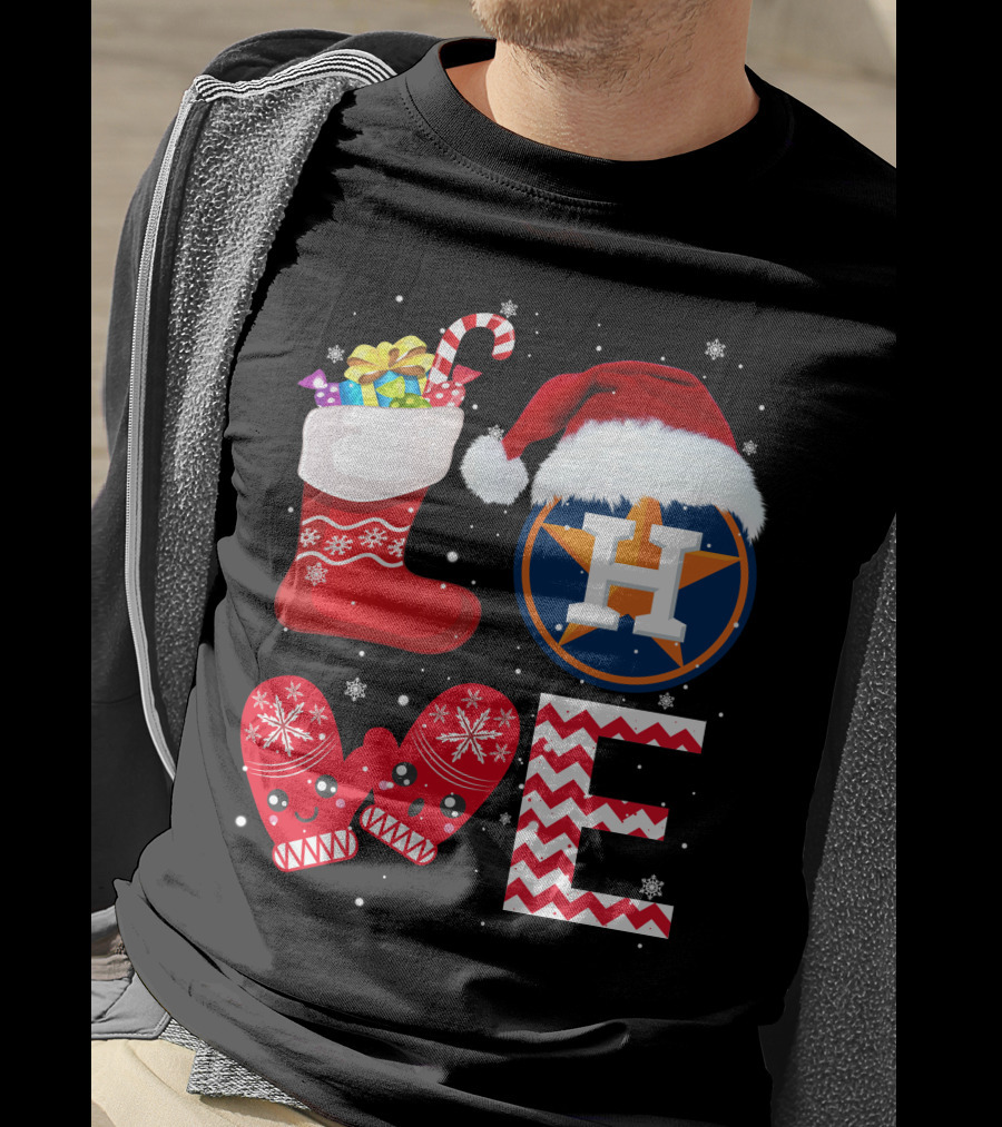 Christmas Love Houston Astros Snowflake Stocking Mittens Santa Hat T-Shirt