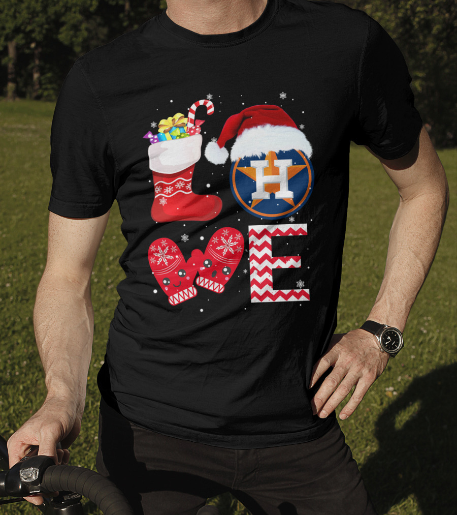 Christmas Love Houston Astros Snowflake Stocking Mittens Santa Hat T-Shirt