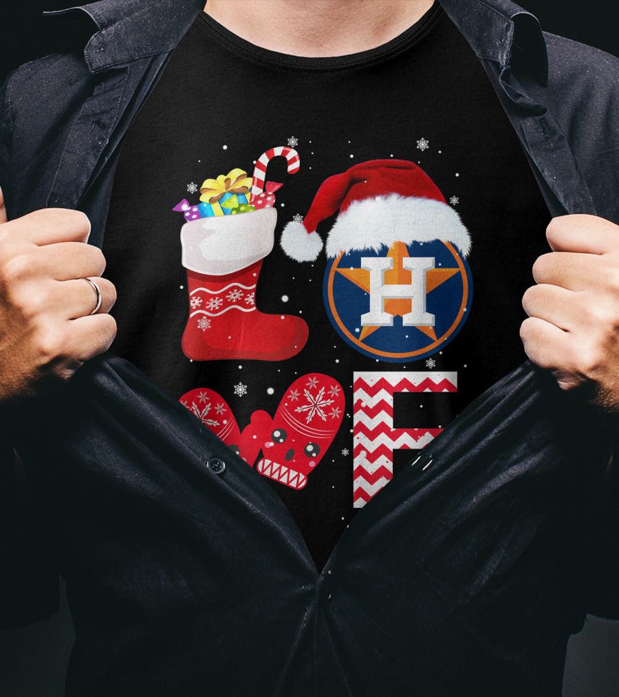 Christmas Love Houston Astros Snowflake Stocking Mittens Santa Hat T-Shirt