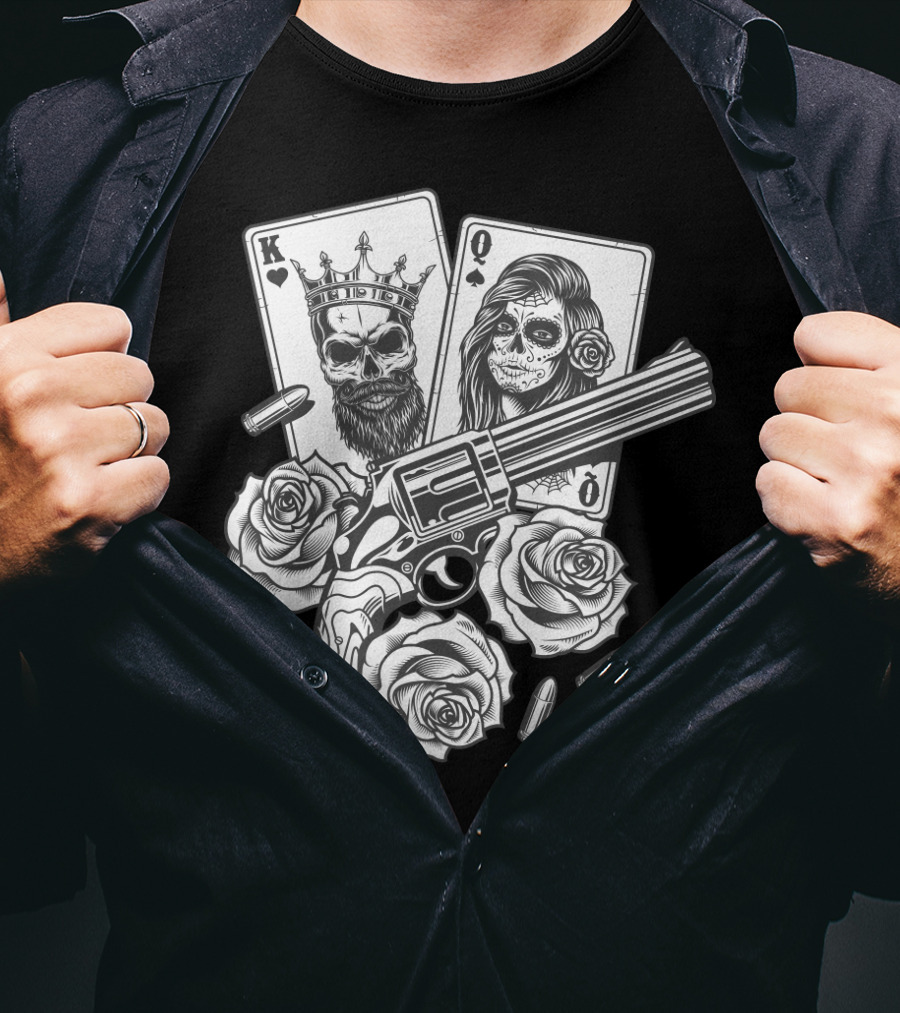 Hippie V Dead Rainbow Bertha Tie Dye King Queen Playing Cards Skulls Gun Roses Bullets T-Shirt