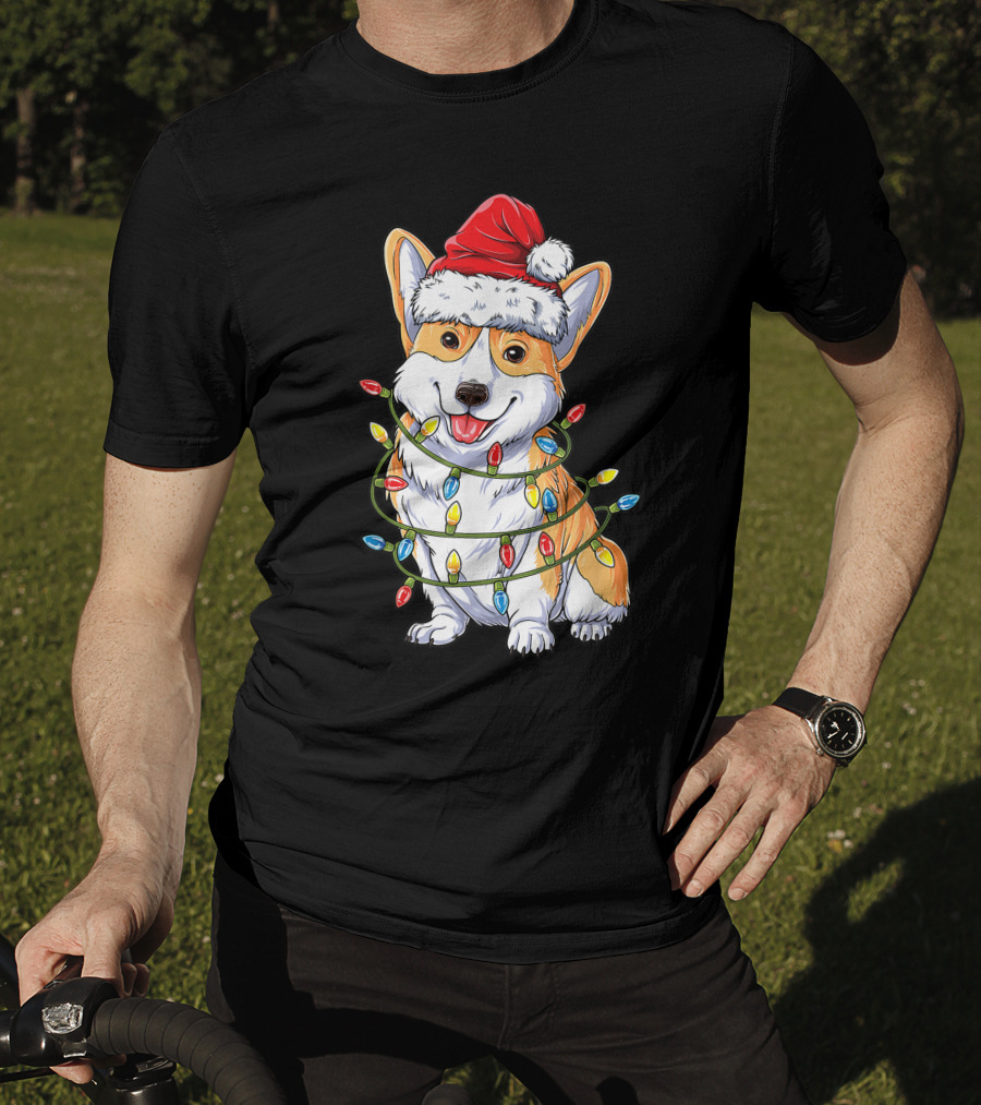 Corgi Dog Christmas Lights Ugly Sweater Santa Hat T-Shirt