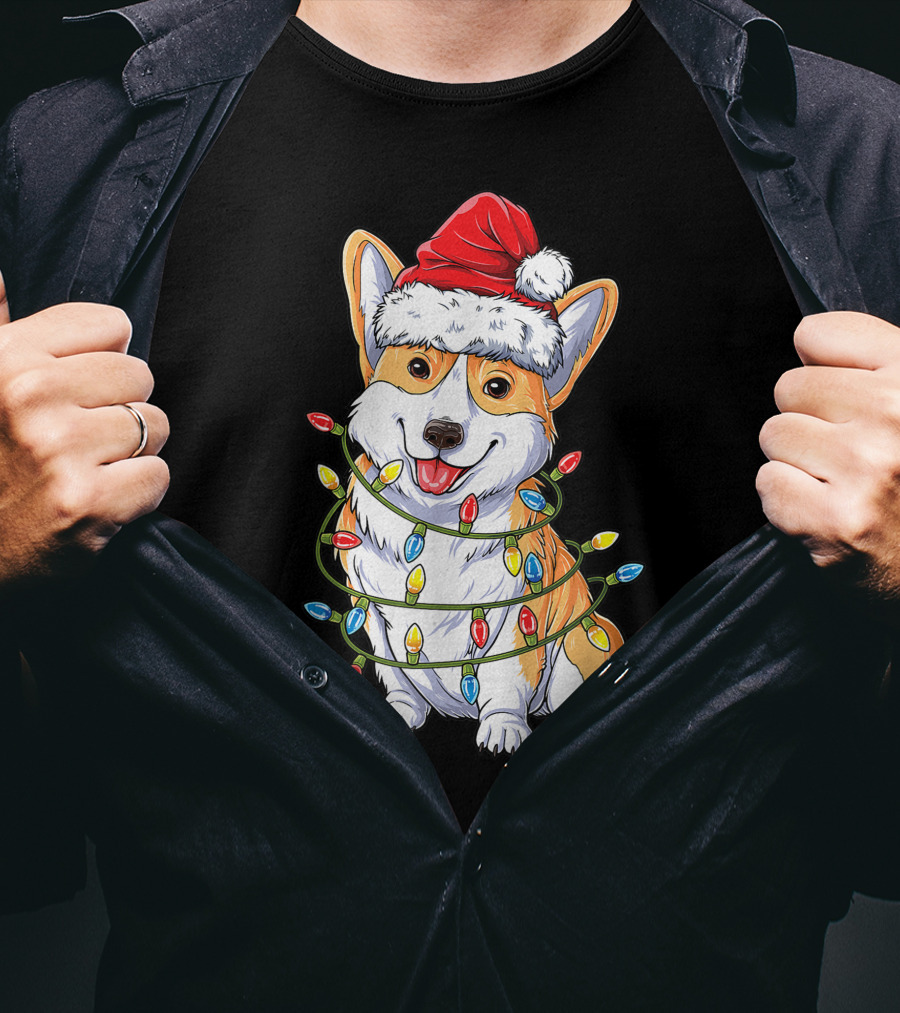 Corgi Dog Christmas Lights Ugly Sweater Santa Hat T-Shirt