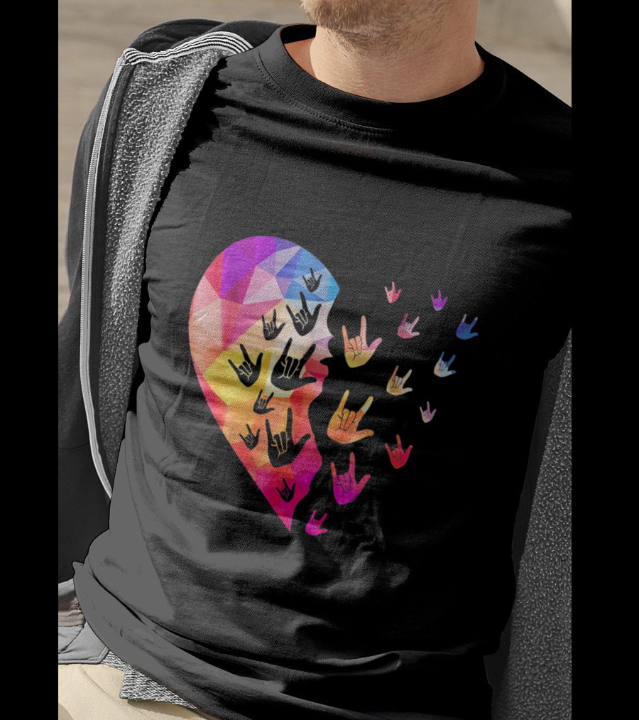 Broken Geometric Heart With Colorful Sign Language Hands T-Shirt