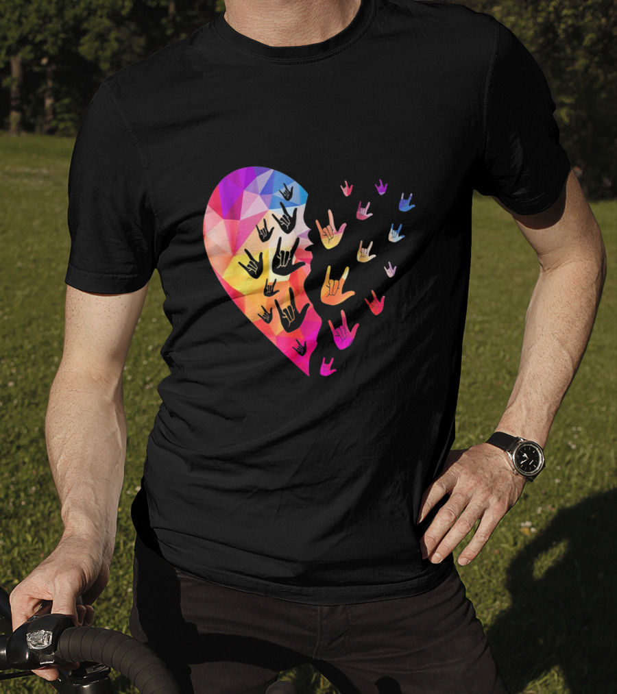Broken Geometric Heart With Colorful Sign Language Hands T-Shirt