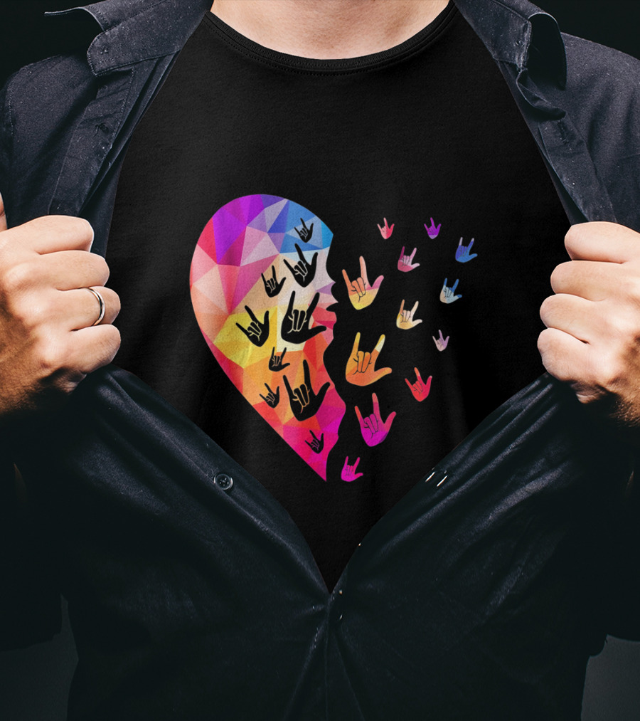 Broken Geometric Heart With Colorful Sign Language Hands T-Shirt
