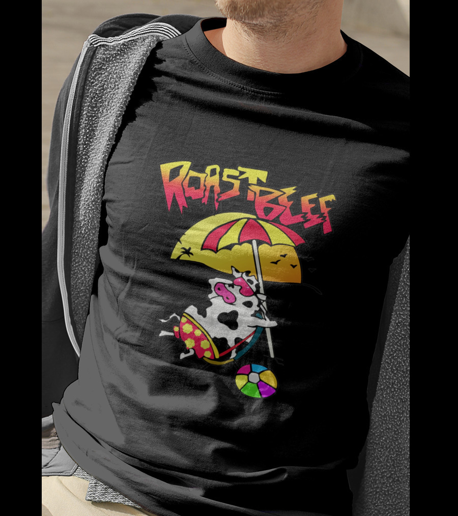 Roast Beef Sunset Cow With Umbrella And Beach Ball Fun T-Shirt