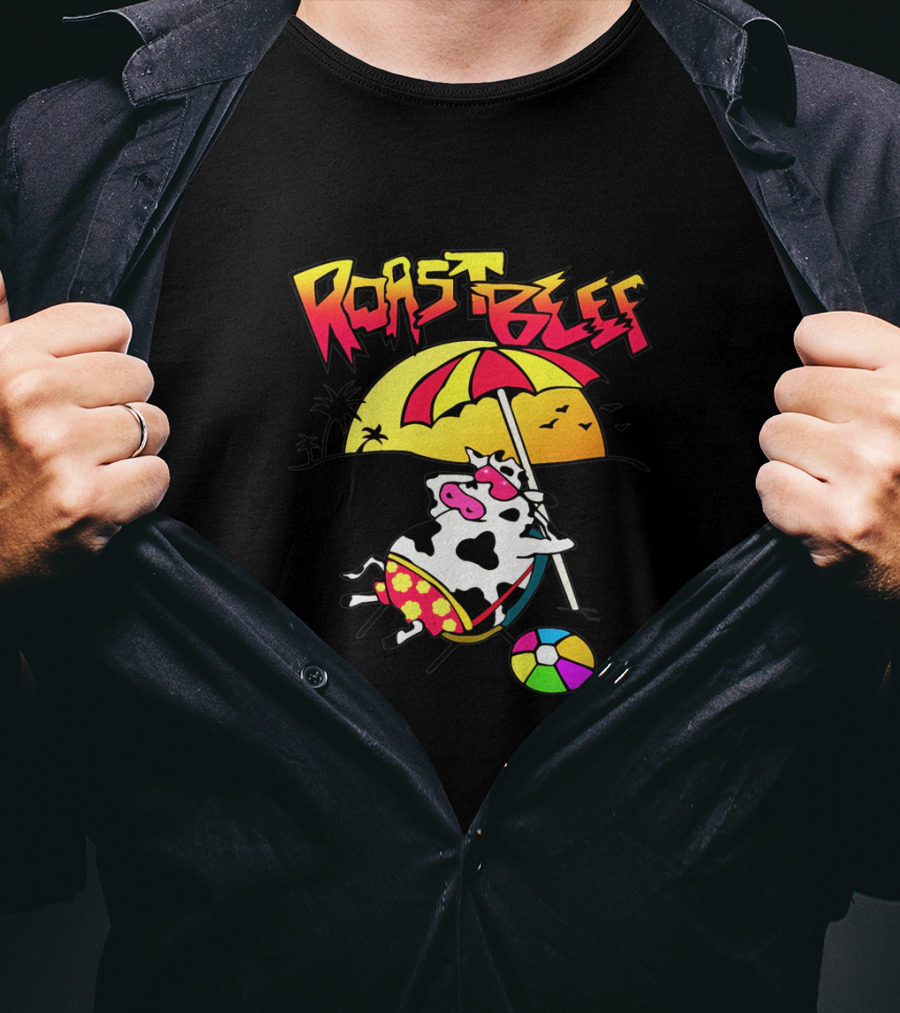 Roast Beef Sunset Cow With Umbrella And Beach Ball Fun T-Shirt