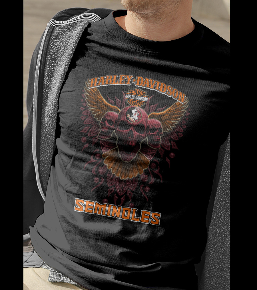 Harley Davidson Motorcycles Florida State Seminoles Skulls Wings T-Shirt