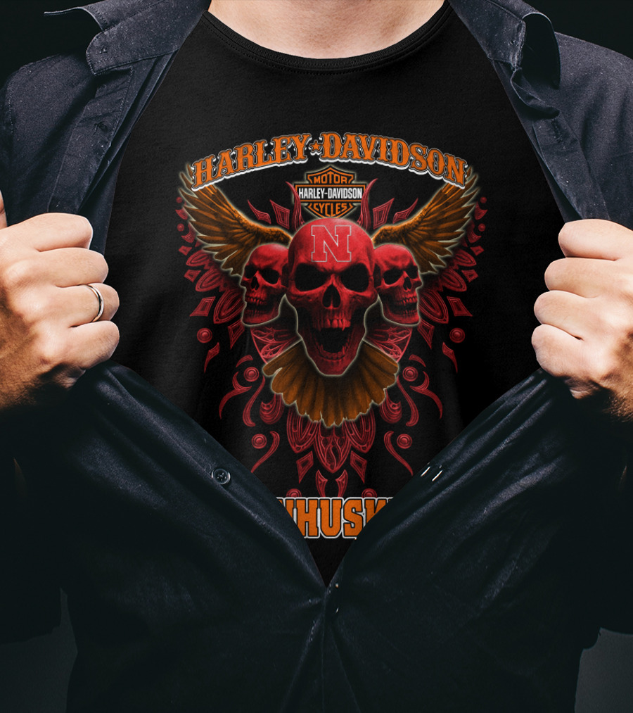 Harley Davidson Motor Cornhuskers Nebraska Skulls Ncaa T-Shirt