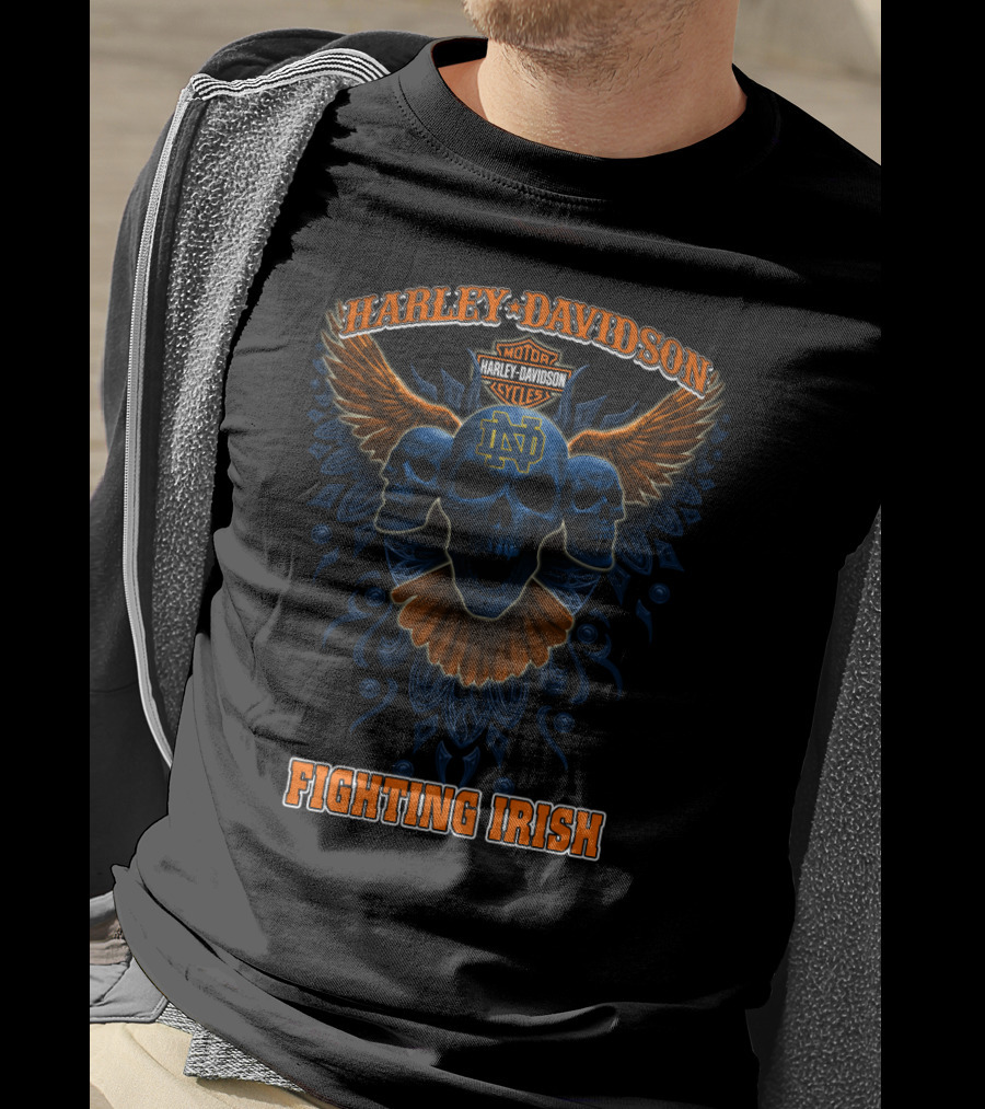 Harley Davidson Motorcycles Notre Dame Fighting Irish Skulls Wings T-Shirt