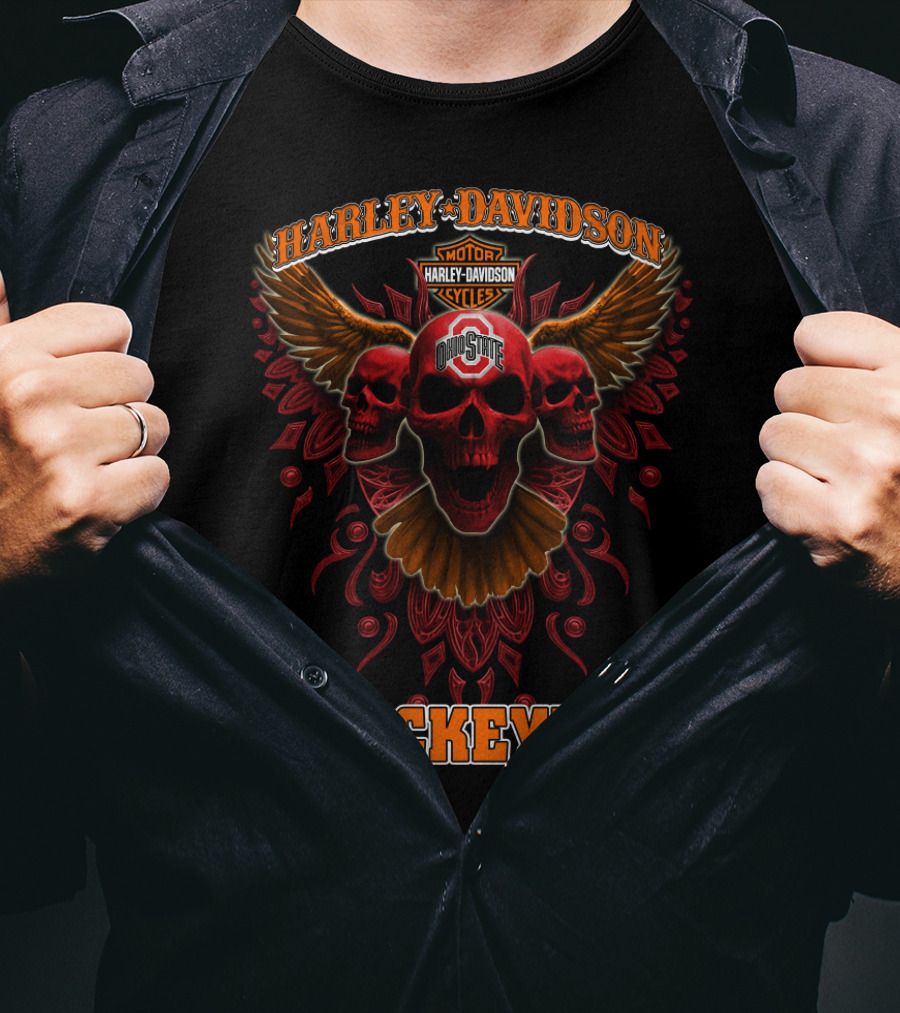 Harley Davidson Ohio State Buckeyes Motorcycles Wings Skulls T-Shirt